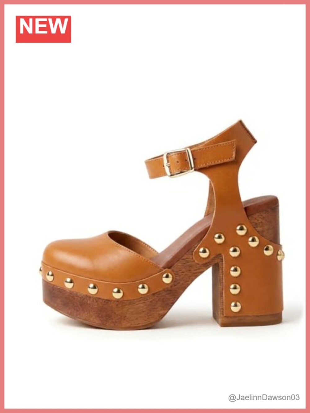 Platform Clogs Heels Ankle Strap Closed Toe Studded Faux Wood Block Heel Women